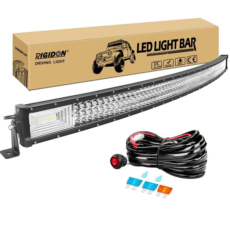 RIGIDON 52 Zoll 130 cm 675W gebogene led lichtleiste mit 12v kabelbaum kit, Wasserdicht warmweiß offroad beleuchtung für Auto Offroad ATV LKW KFZ Traktor Fahrzeuge 4x4, Slim led nebelscheinwerfer von RIGIDON