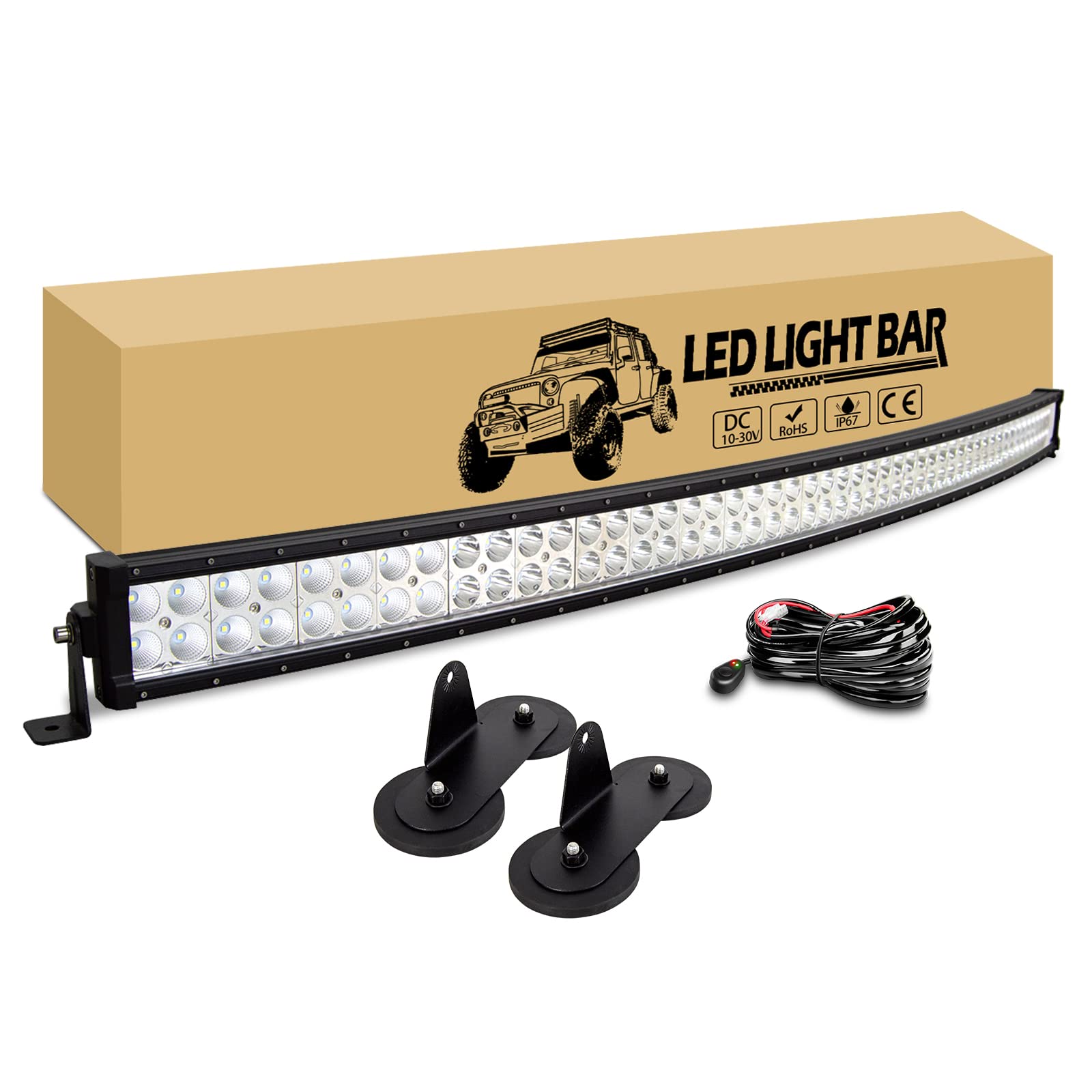 RIGIDON 52 Zoll 132cm 300W Gebogen Led lichtleiste kfz mit 12V Kabelbaum, 2 Pcs Magnetische Pkw-Dachhalterung, Offroad beleuchtung für 4x4 Auto Traktor SUV ATV UTV PKW LKW Fahrzeuge, 6000K Weiß von RIGIDON