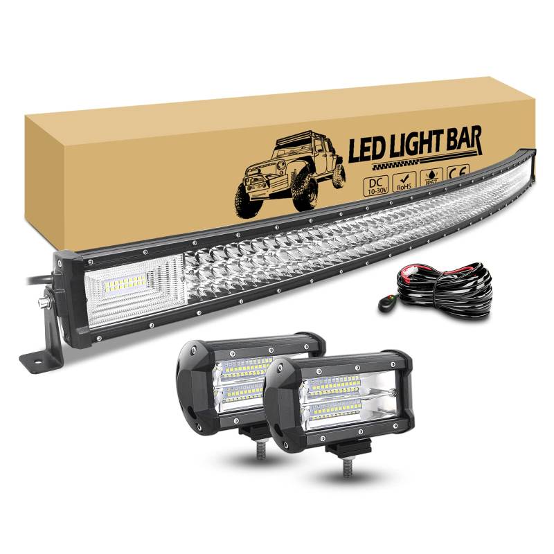 RIGIDON 52 zoll 132cm 675W gebogen led arbeitsscheinwerfer bar mit 12v kabelbaum kit, 2 x 13cm 72W led flutstrahler offroad beleuchtung, led lichtleiste kfz für auto lkw traktor 4x4 fahrzeuge von RIGIDON