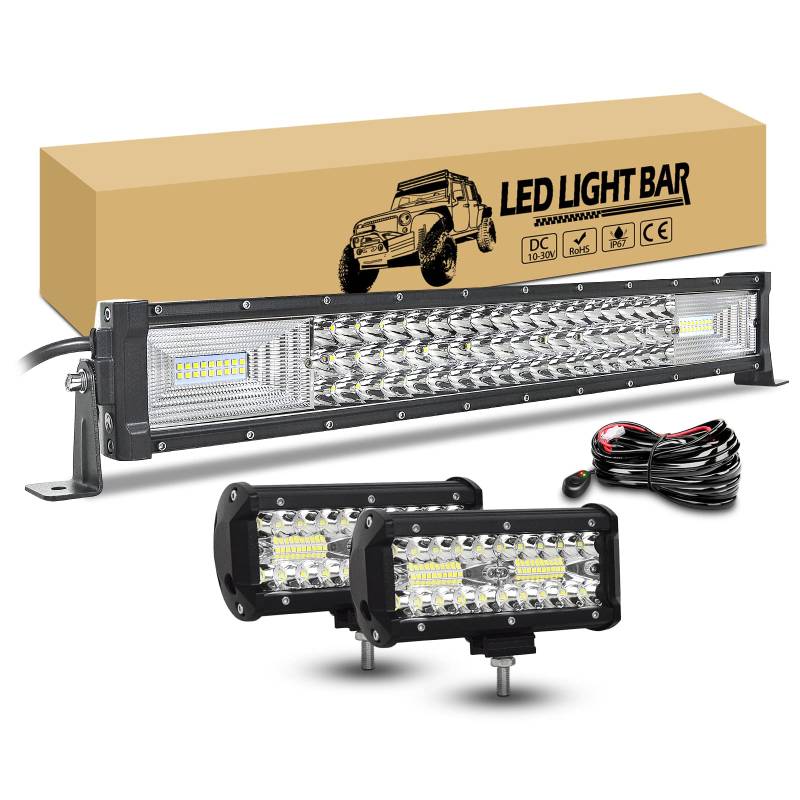 RIGIDON 56cm 270W gebogen led lichtbalken, 2 x 18cm 120W led offroad zusatzscheinwerfer und 12v kabelbaum kit, wasserdicht led arbeitsscheinwerfer bar für auto kfz pkw lkw 4x4 fahrzeuge von RIGIDON