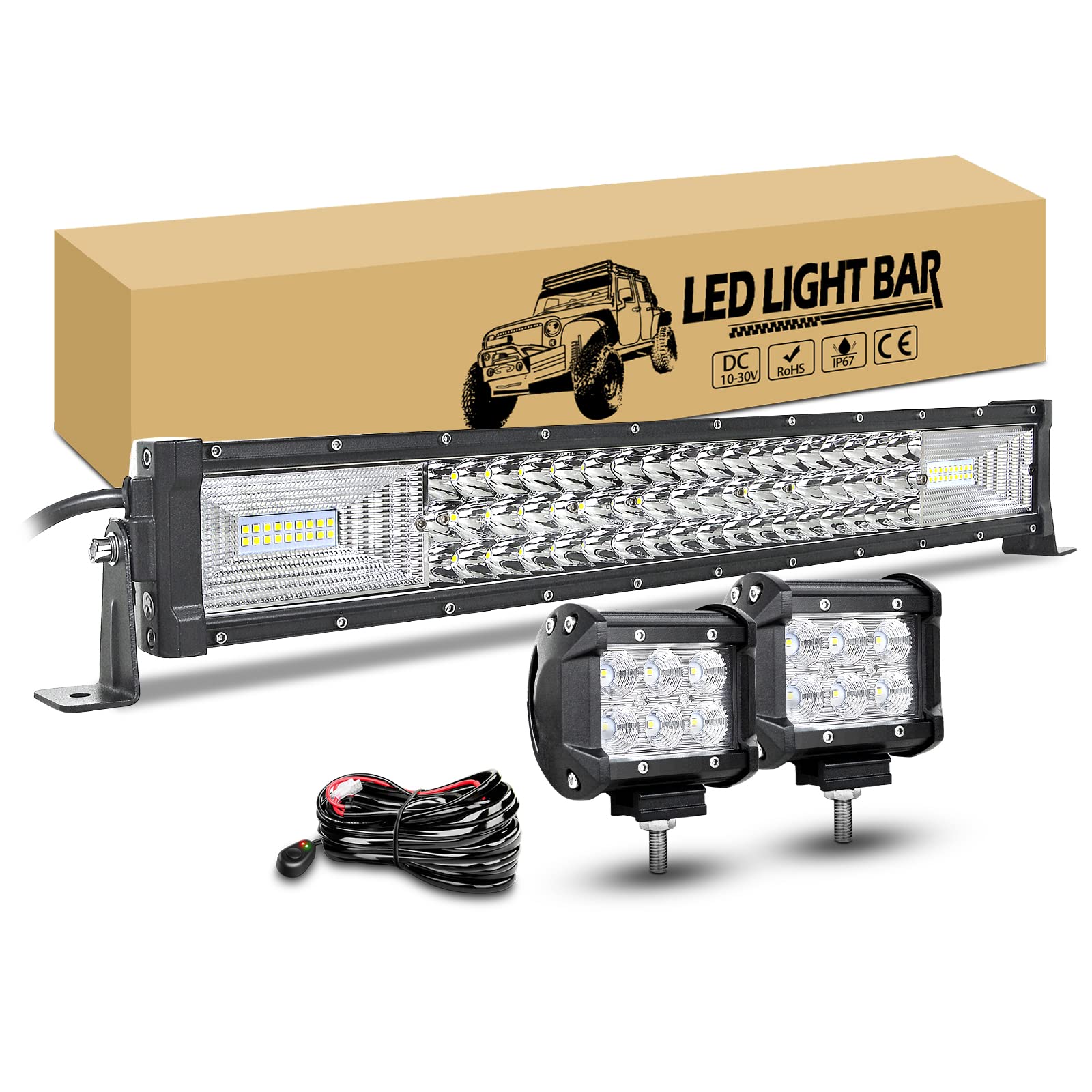 RIGIDON 56cm 270W led lichtleiste gebogen mit 12v kabelbaum kit, 2 pcs 10cm 18W led offroad flutstrahler wasserdicht lampe für auto lkw kfz traktor 4x4 fahrzeuge 6000k weiß led nebelscheinwerfer von RIGIDON