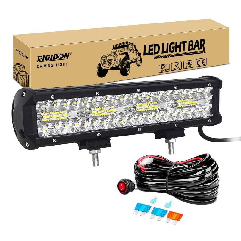 RIGIDON 8D 12 Zoll 30 cm 240W außen alu led lichtleiste mit 12V kabelbaum kit, Wasserdicht warmweiß offroad beleuchtung für Auto Offroad ATV LKW Traktor Fahrzeuge 4x4, Led nebelscheinwerfer 6000K von RIGIDON