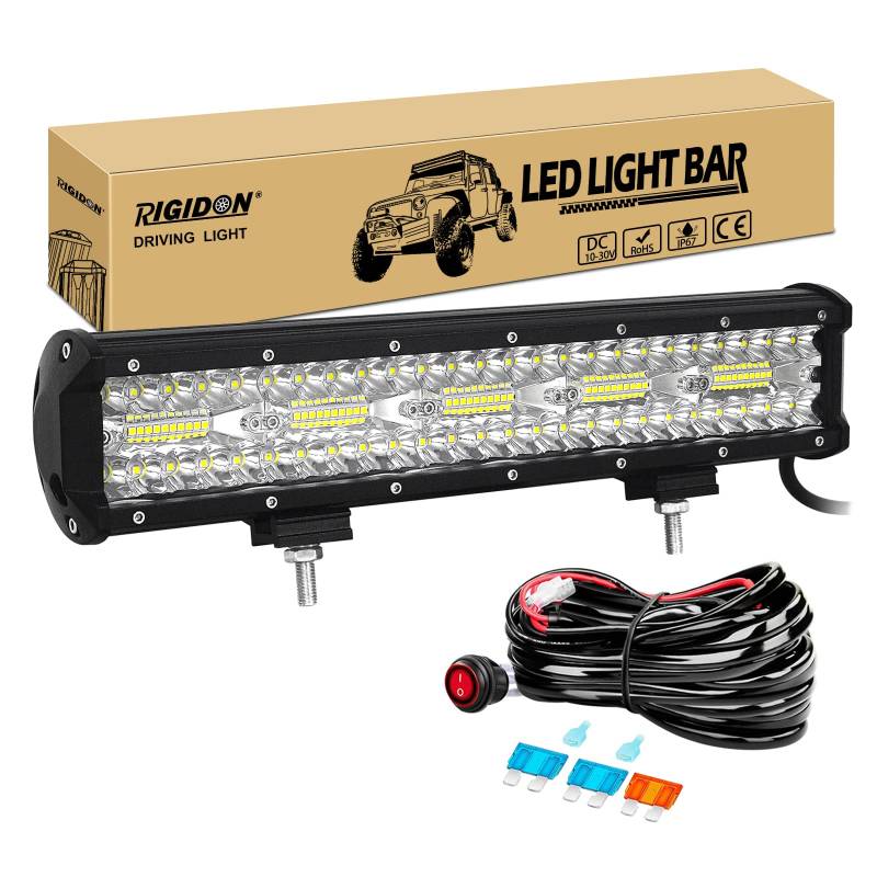 RIGIDON 8D 15 Zoll 38 cm 300W außen alu led lichtleiste mit 12V kabelbaum kit, Wasserdicht warmweiß offroad beleuchtung für Auto Offroad ATV LKW Traktor Fahrzeuge 4x4, Led nebelscheinwerfer 6000K von RIGIDON