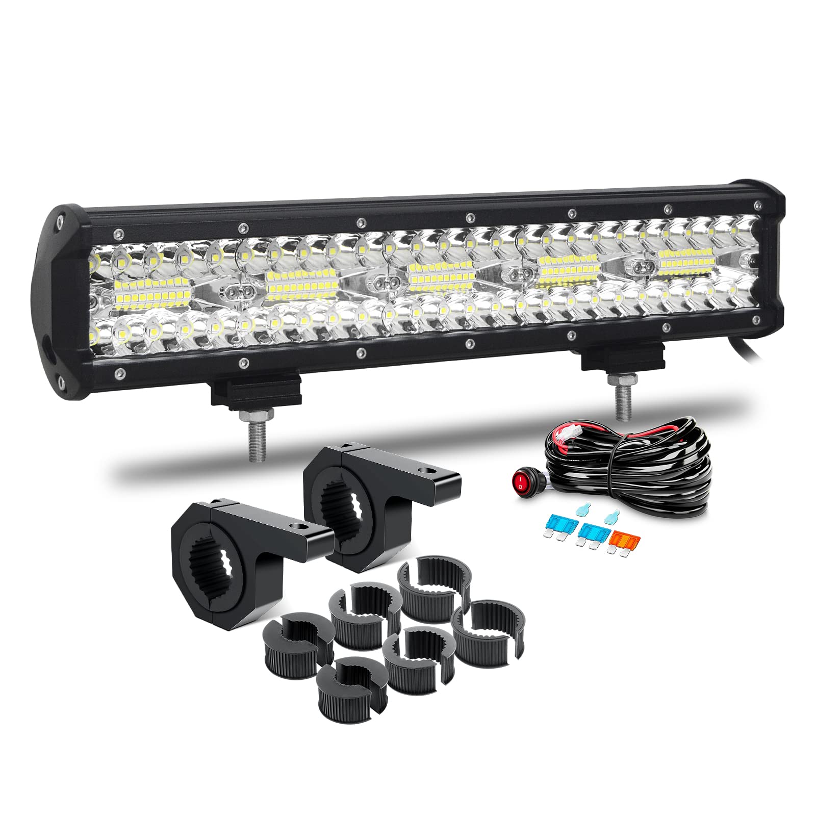 RIGIDON 8D 15 Zoll 38cm 300W LED Arbeitsscheinwerfer Bar mit Kabelbaum, 12V 24V Led Lichtleiste offroad beleuchtung, 2 x Arbeitsleuchten Halterung 25mm-50mm für 4x4 Auto Traktor SUV KFZ Fahrzeuge von RIGIDON