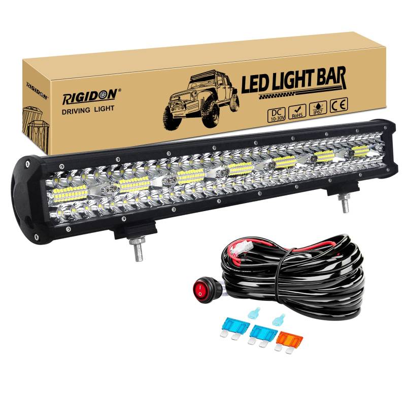 RIGIDON 8D 20 Zoll 50 cm 420W außen alu led lichtleiste mit 12V kabelbaum kit, Wasserdicht warmweiß offroad beleuchtung für Auto Offroad ATV LKW Traktor Fahrzeuge 4x4, Led nebelscheinwerfer 6000K von RIGIDON