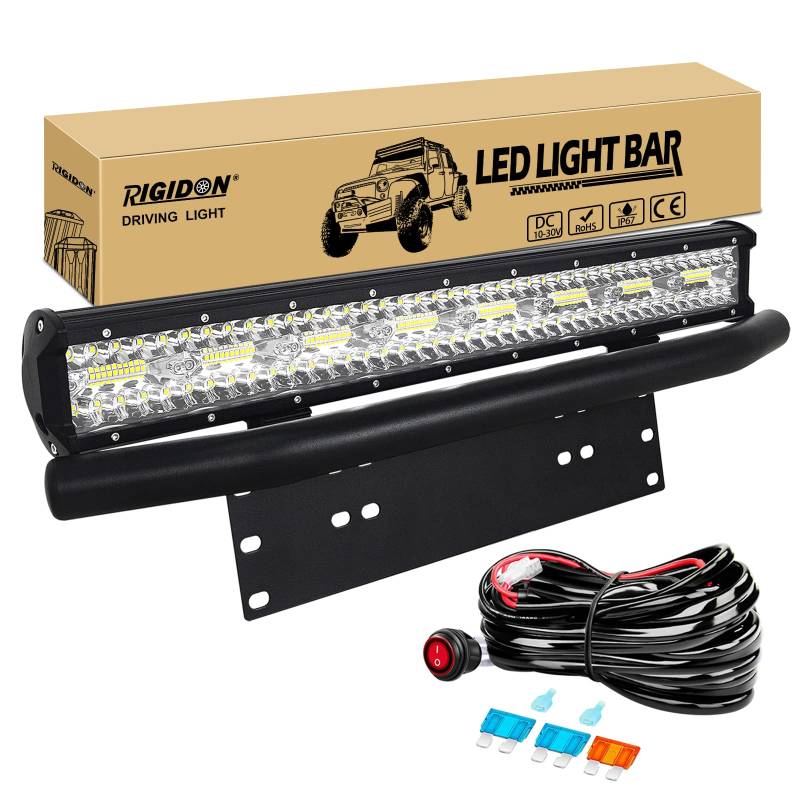 RIGIDON 8D 23 Zoll 58cm 480W Led lichtleiste mit 12V kabelbaum und kfz kennzeichenhalterung, Aussen offroad beleuchtung für Auto SUV ATV LKW KFZ 4x4 Fahrzeuge, 6000K Weiß led nebelscheinwerfer von RIGIDON