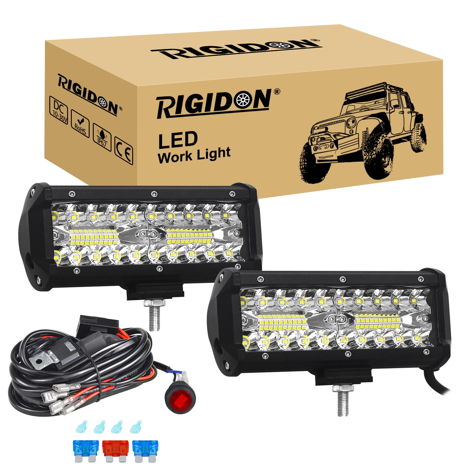 RIGIDON 8D 2x 7 Zoll 18 cm 120W außen alu led lichtleiste mit 12V kabelbaum kit, Wasserdicht warmweiß offroad beleuchtung für Auto Offroad ATV LKW Traktor Fahrzeuge 4x4, Led nebelscheinwerfer 6000K von RIGIDON