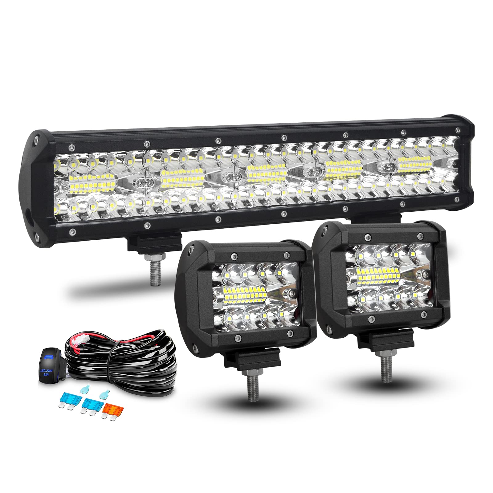 RIGIDON 8D 38cm 300W led lichtleiste mit 12V Kabelbaum kit, 2 x 10cm 60W Led Scheinwerfer Offroad Wasserdicht für 4x4 Auto SUV ATV UTV KFZ LKW Traktor Fahrzeuge, 6000K Weiß Nebelscheinwerfer von RIGIDON