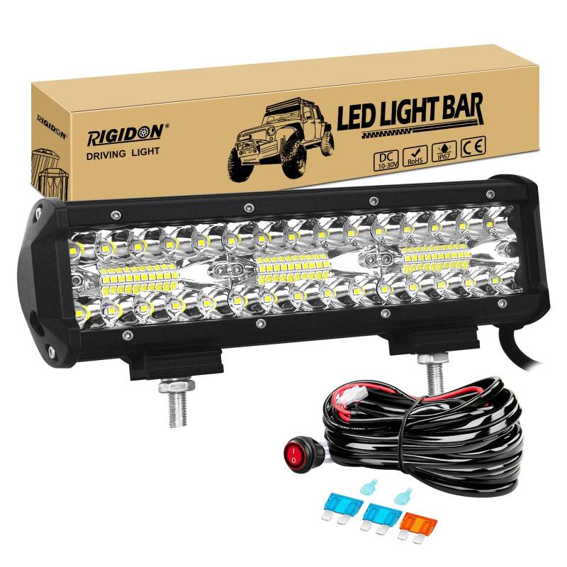 RIGIDON 8D 9 Zoll 23 cm 180W außen alu led lichtleiste mit 12V kabelbaum kit, Wasserdicht warmweiß offroad beleuchtung für Auto Offroad ATV LKW Traktor Fahrzeuge 4x4, Led nebelscheinwerfer 6000K von RIGIDON