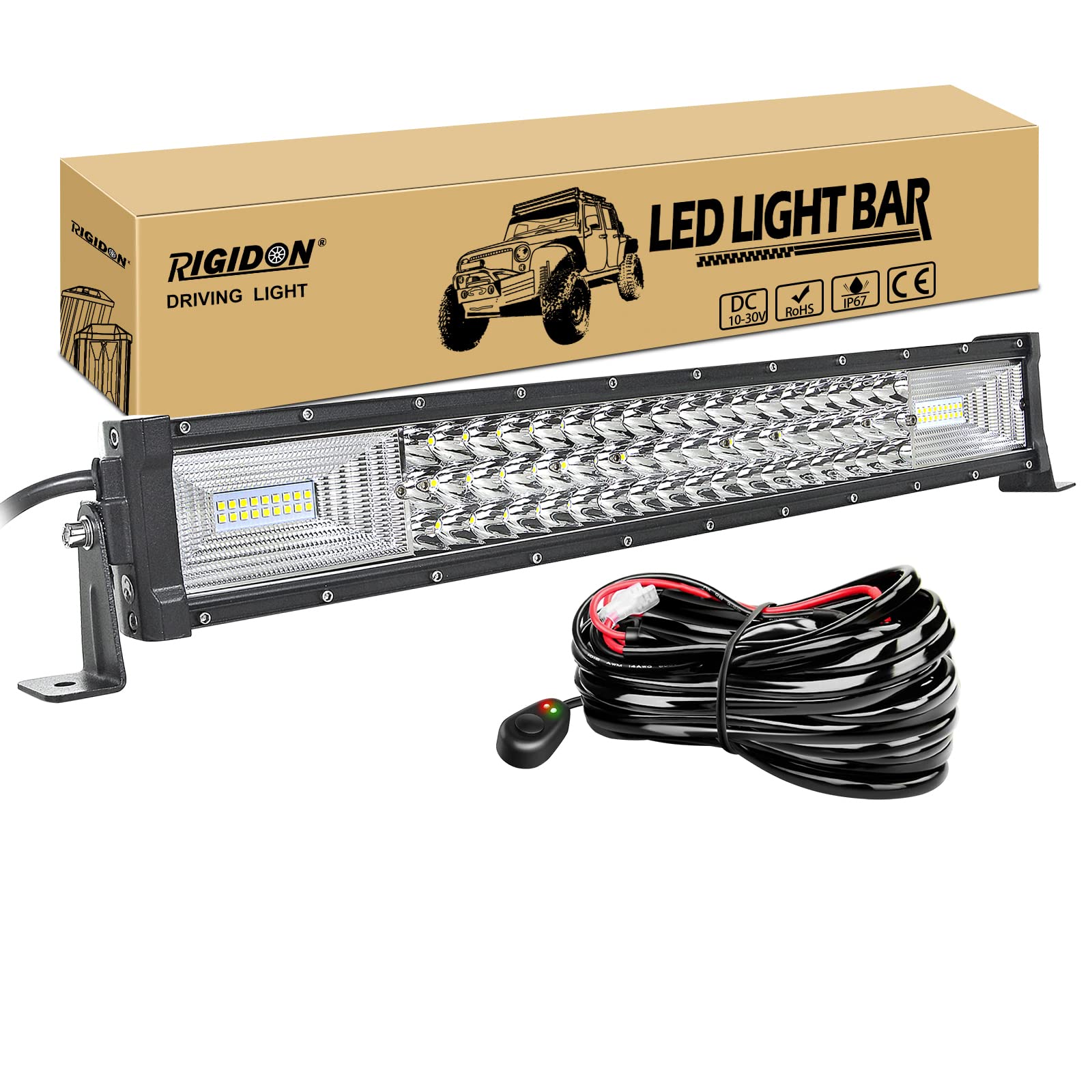 RIGIDON Dreireihige Led lichtleiste kfz mit 12v kabelbaum kit, 22 Zoll 55cm 270W offroad beleuchtung Led bar für Auto SUV ATV, UTV, LKW 4x4, Fahrzeuge, 6000K Weiß led nebelscheinwerfer von RIGIDON