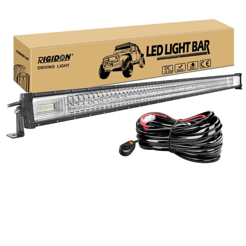 RIGIDON Dreireihige Led lichtleiste kfz mit 12v kabelbaum kit, 50 Zoll 127cm 648W offroad beleuchtung Led bar für Auto SUV ATV, UTV, LKW 4x4, Fahrzeuge, 6000K Weiß led nebelscheinwerfer von RIGIDON