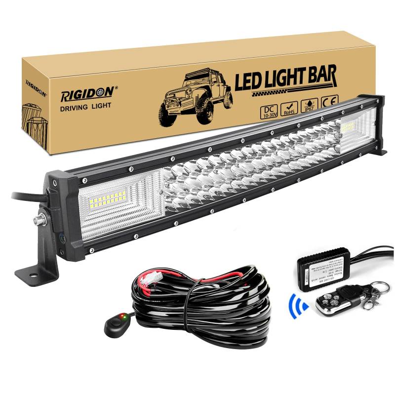 RIGIDON Gebogene Led lichtleiste kfz mit 12v Blitz kabelbaum kit, 22 Zoll 55cm 270W Offroad Beleuchtung Led bar für Auto SUV ATV, UTV, LKW 4x4, Fahrzeuge, 6000K Weiß led arbeitsscheinwerfer von RIGIDON