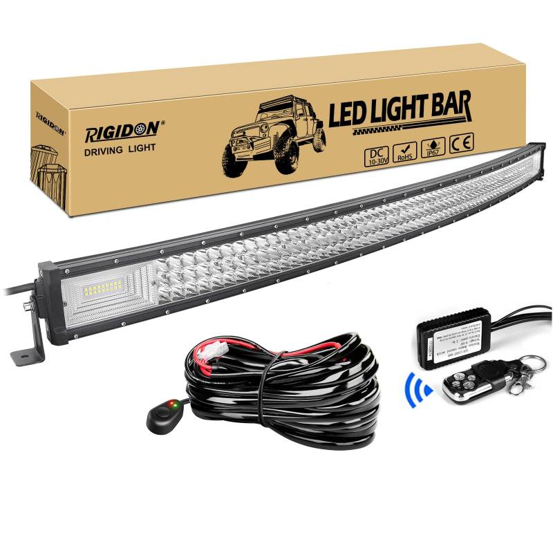 RIGIDON Gebogene Led lichtleiste kfz mit 12v Blitz kabelbaum kit, 50 Zoll 127cm 648W Offroad Beleuchtung Led bar für Auto SUV ATV, UTV, LKW 4x4, Fahrzeuge, 6000K Weiß led arbeitsscheinwerfer von RIGIDON