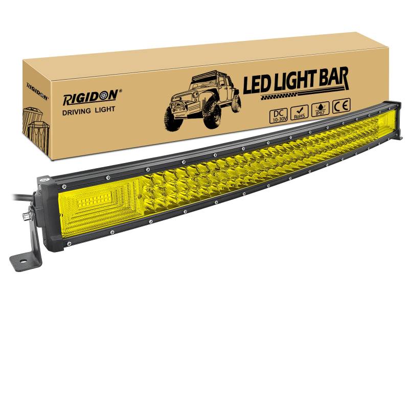 RIGIDON Gebogene led lampe, 12V 24V 32 Zoll 80cm 405W Led lichtleiste kfz, Warmweiss Offroad beleuchtung für Auto SUV ATV, UTV, LKW 4x4, Fahrzeuge, 3000K Gelb led nebelscheinwerfer led light bar von RIGIDON