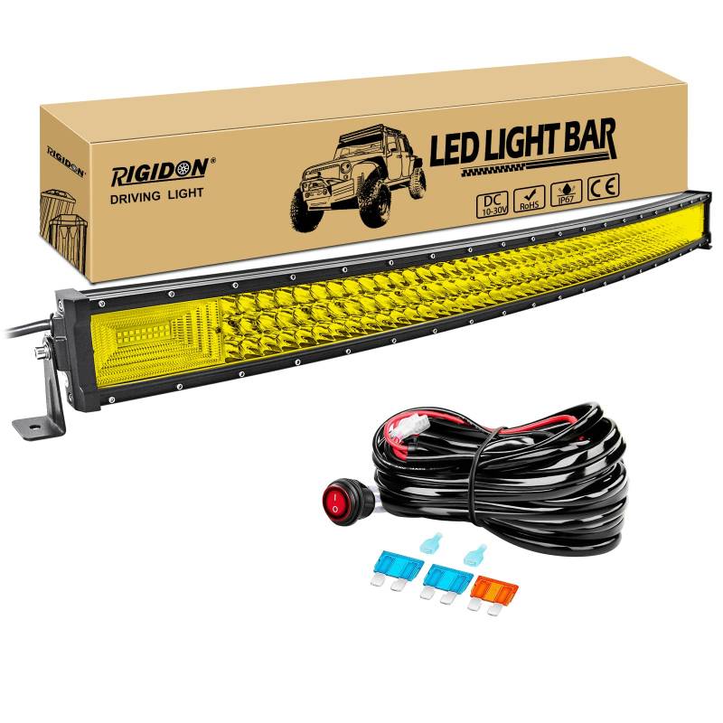 RIGIDON Gebogene led lampe, 42 Zoll 105cm 540W Led lichtleiste kfz mit 12v kabelbaum kit, Offroad beleuchtung für Auto SUV ATV, UTV, LKW 4x4, Fahrzeuge, 3000K Gelb led nebelscheinwerfer led light bar von RIGIDON