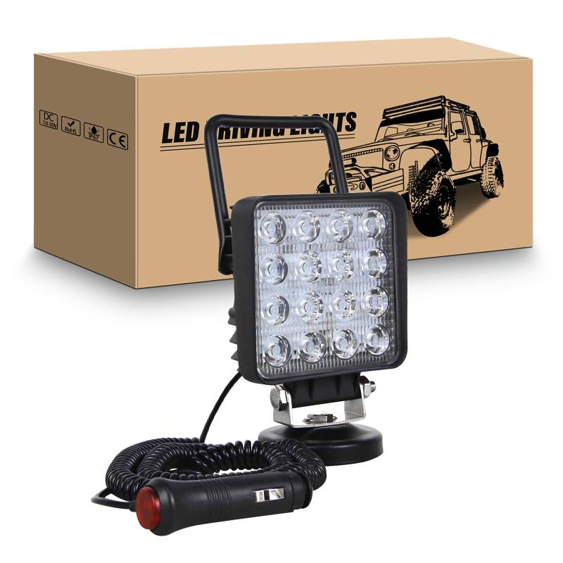 RIGIDON Led arbeitsscheinwerfer mit magnetfuß, 4 Zoll 48W led flutstrahler auto magnet 12V offroad beleuchtung für Auto SUV ATV Traktor LKW 4x4 Boot,6000K led suchscheinwerfer, arbeitslicht von RIGIDON