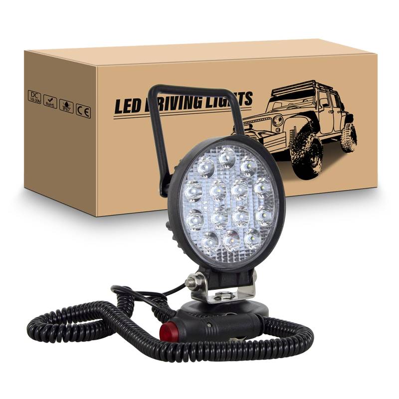 RIGIDON Led arbeitsscheinwerfer rund mit magnetfuß, 4" 10cm 42W led scheinwerfer auto magnet 12V offroad beleuchtung für Auto SUV ATV Traktor LKW 4x4 Boot,6000K led suchscheinwerfer, arbeitslicht von RIGIDON