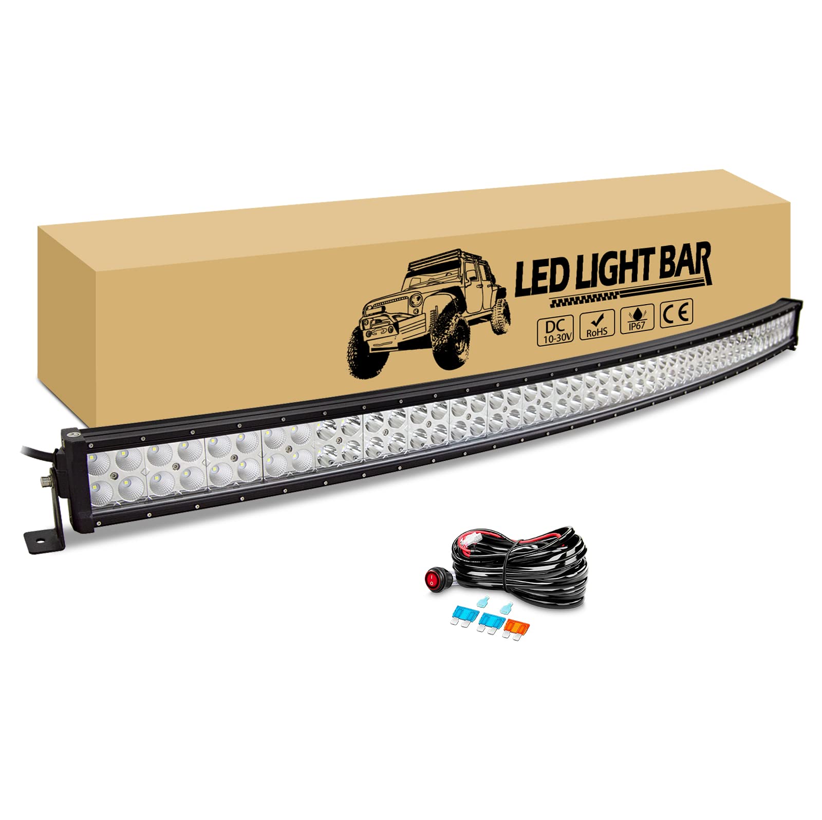 RIGIDON Led lichtleiste kfz mit 12v kabelbaum kit, 125cm 288W gebogen Led Arbeitsscheinwerfer Bar Offroad Beleuchtung für 4x4 Auto Traktor LKW PKW Truck SUV ATV UTV Fahrzeuge, 6000K weiß lightbar von RIGIDON