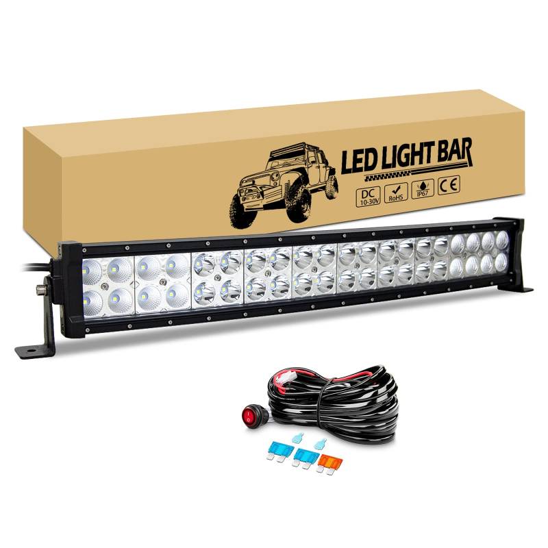 RIGIDON Led lichtleiste kfz mit 12v kabelbaum kit, 56cm 120W gebogen Led Arbeitsscheinwerfer Bar Offroad Beleuchtung für 4x4 Auto Traktor LKW PKW Truck SUV ATV UTV Fahrzeuge, 6000K weiß lightbar von RIGIDON