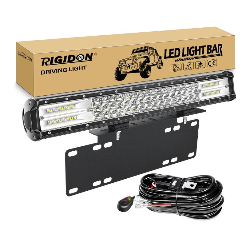 RIGIDON Led lichtleiste mit 12V kabelbaum und kennzeichenhalterung schwarz, Dreireihige 20 Zoll 50cm 288W offroad beleuchtung für SUV Offroad Offroad, LKW, Fahrzeuge, 6000K Weiß led nebelscheinwerfer von RIGIDON