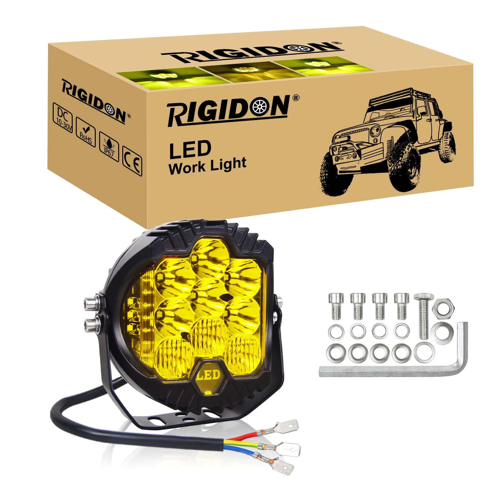 RIGIDON 1x Rund Led Arbeitsscheinwerfer, 5 Zoll 50W 5000 Lumen alu led lichtleiste, 12V 24V Wasserdicht offroad beleuchtung für Auto ATV LKW Traktor Fahrzeuge 4x4, led nebelscheinwerfer 3000k gelb von RIGIDON