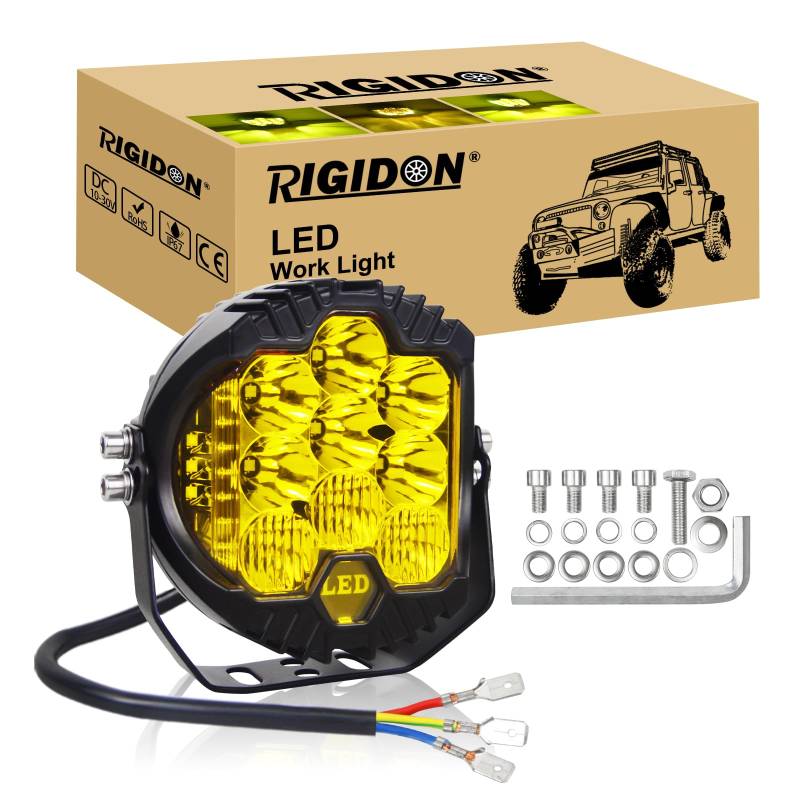 RIGIDON 1x Rund Led Arbeitsscheinwerfer, 7 Zoll 75W 7500 Lumen alu led lichtleiste, 12V 24V Wasserdicht offroad beleuchtung für Auto ATV LKW Traktor Fahrzeuge 4x4, led nebelscheinwerfer 3000k gelb von RIGIDON