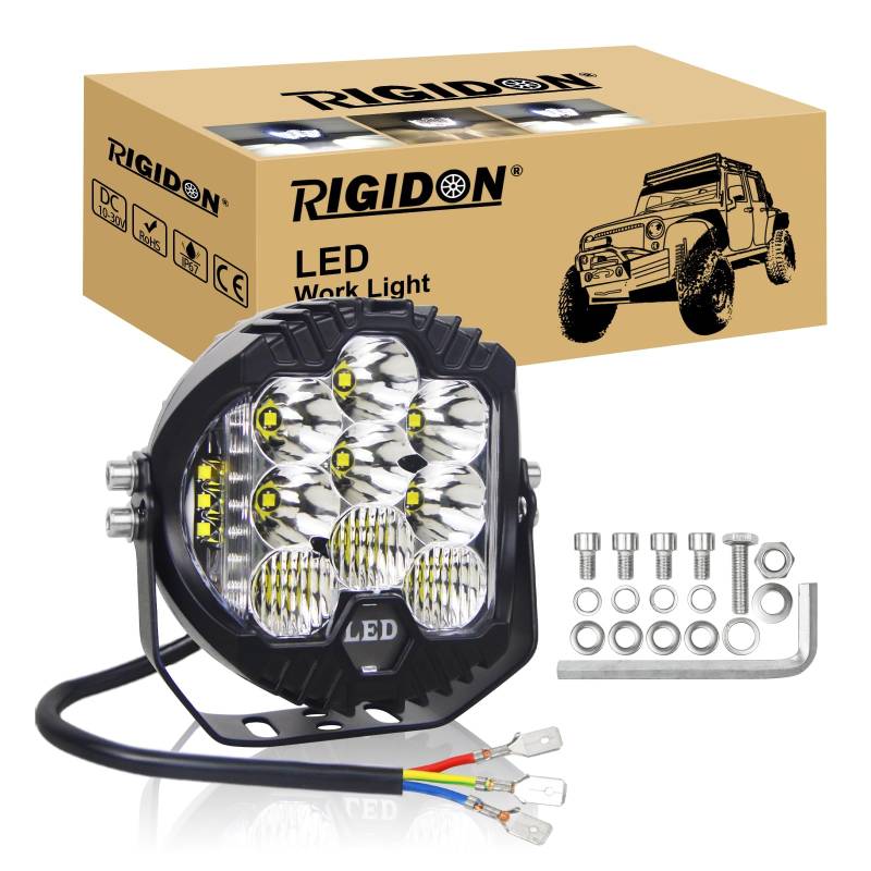 RIGIDON 1x Rund Led Arbeitsscheinwerfer, 7 Zoll 75W 7500 Lumen alu led lichtleiste, 12V 24V Wasserdicht offroad beleuchtung für Auto ATV LKW Traktor Fahrzeuge 4x4, led nebelscheinwerfer 6000k weiß von RIGIDON