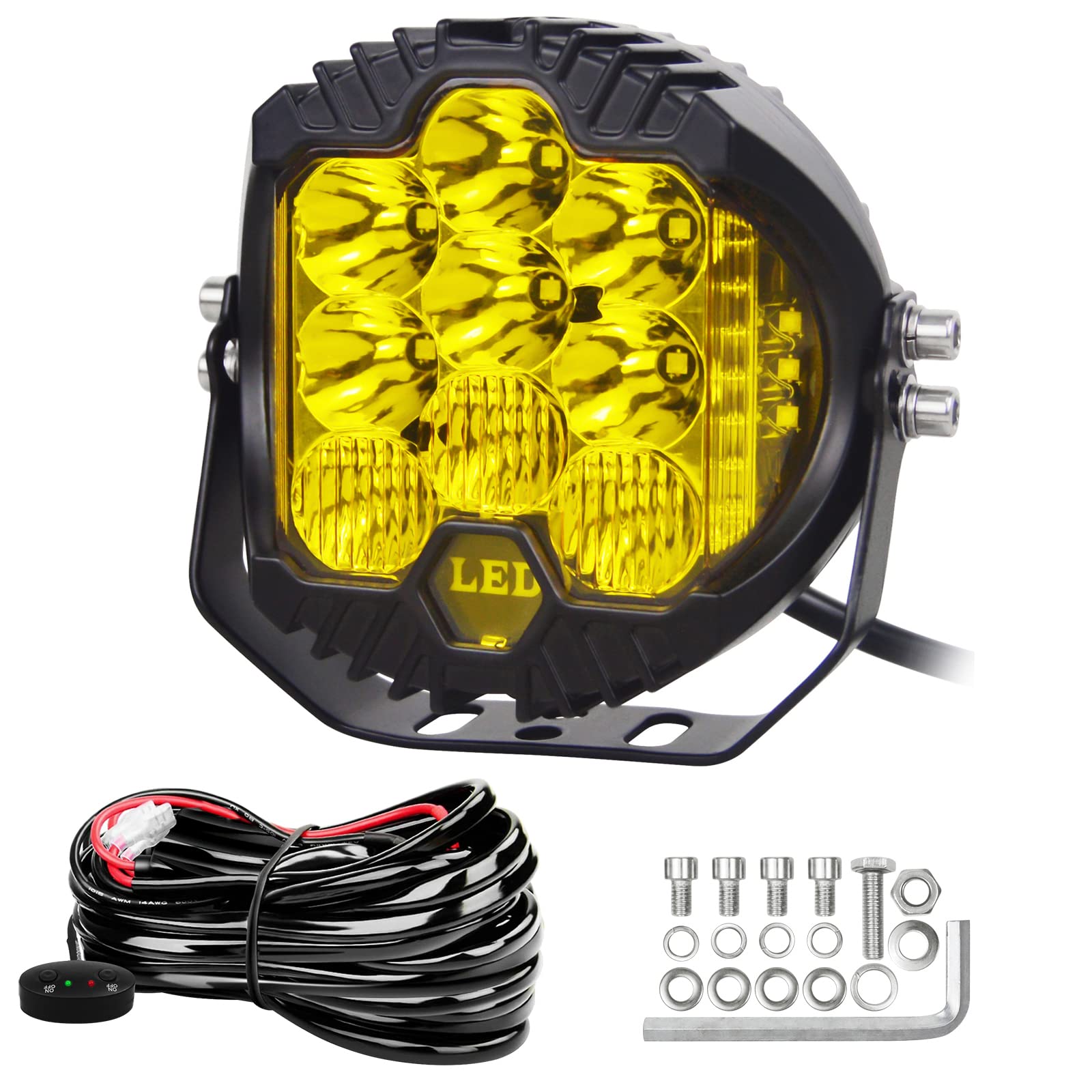 RIGIDON 1x Rund Led Arbeitsscheinwerfer mit 12V kabelbaum kit, 5 Zoll 50W 5000 Lumen led lichtleiste, Wasserdicht offroad beleuchtung für Auto ATV LKW Traktor 4x4, led nebelscheinwerfer 3000k gelb von RIGIDON