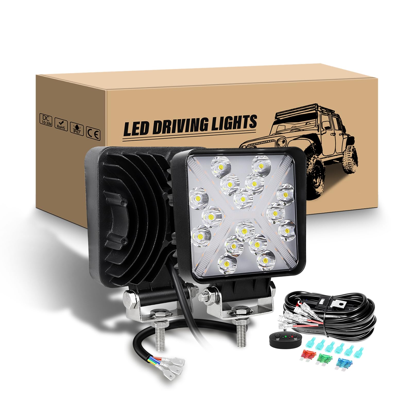 RIGIDON Scheinwerfer mit 12v kabelbaum kit, 2Pcs 4 Zoll 48W LED Zusatzscheinwerfer Weißer Bernstein Strahler Offroad beleuchtung Rückfahrscheinwerfer für 4x4 Auto Traktor LKW, led arbeitsscheinwerfer von RIGIDON