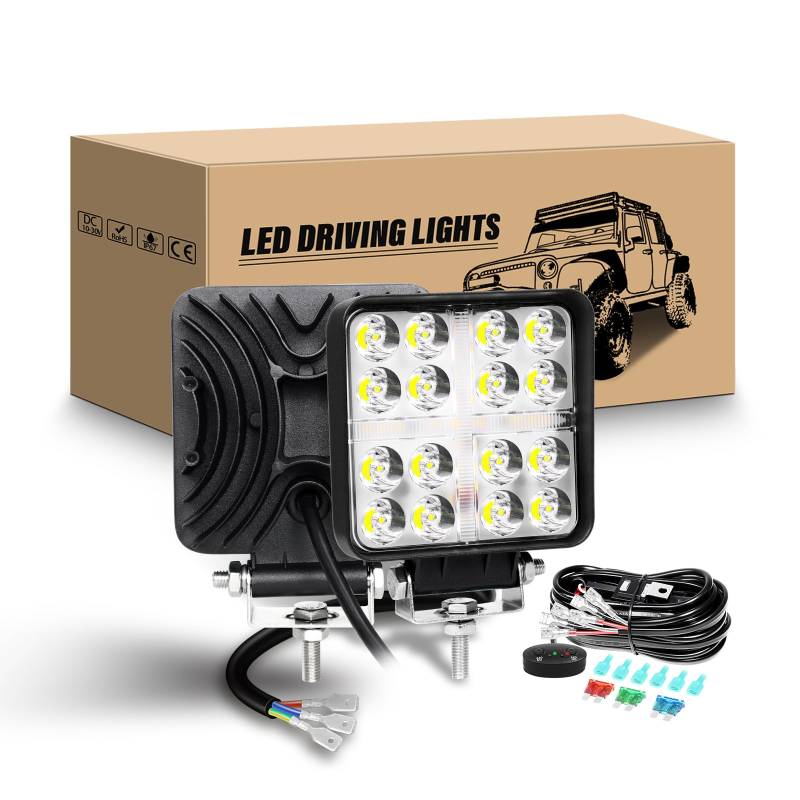 RIGIDON Scheinwerfer mit 12v kabelbaum kit, 2Pcs 4 Zoll 48W LED Zusatzscheinwerfer Weißer Bernstein Strahler Offroad beleuchtung Rückfahrscheinwerfer für 4x4 Auto Traktor LKW, led nebelscheinwerfer von RIGIDON