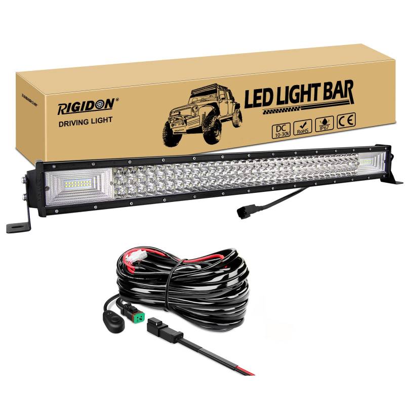 RIGIDON Wasserdicht dreireihige Led lichtleiste kfz mit 12v kabelbaum kit, 32 Zoll 80cm 405W offroad beleuchtung für Auto SUV ATV, UTV, LKW 4x4, Fahrzeuge, 6000K Weiß led nebelscheinwerfer led bar von RIGIDON