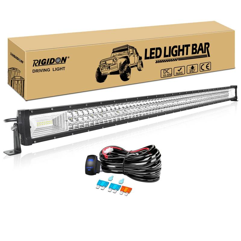 RIGIDON Wasserdichte Gerade Led lichtleiste kfz mit 12v kabelbaum kit, 50 Zoll 127cm 648W offroad beleuchtung für Auto SUV ATV LKW 4x4 Fahrzeuge, 6000K Weiß led nebelscheinwerfer, Led work light bar von RIGIDON