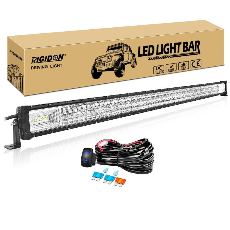 RIGIDON Wasserdichte Gerade Led lichtleiste kfz mit 12v kabelbaum kit, 52 Zoll 130cm 675W offroad beleuchtung für Auto SUV ATV LKW 4x4 Fahrzeuge, 6000K Weiß led nebelscheinwerfer, Led work light bar von RIGIDON