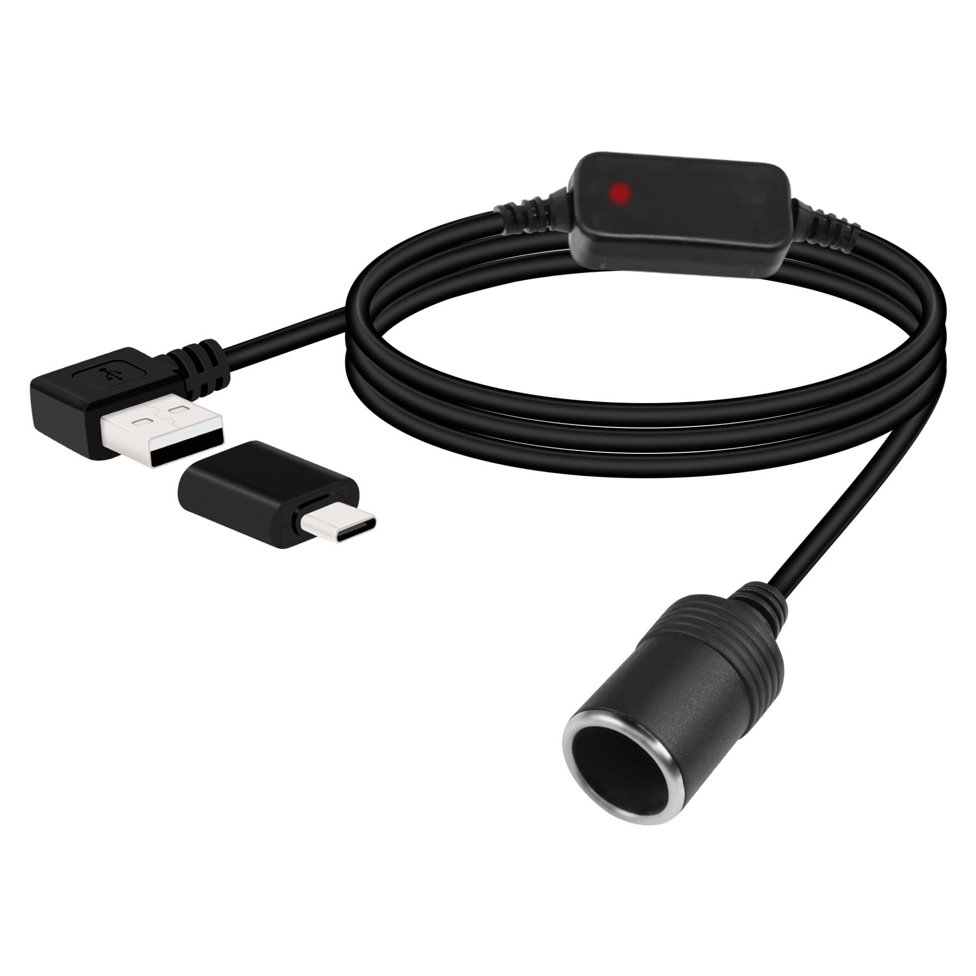 RIIEYOCA 12V USB zu Zigarettenanzünder Buchse Konverter Kabel, 5V zu 12V 90 Grad rechtwinklig USB Stecker zu Zigarettenanzünder Buchse Adapter für Dash Cam, Radar-Detektor, GPS (1,2M/4FT) von RIIEYOCA