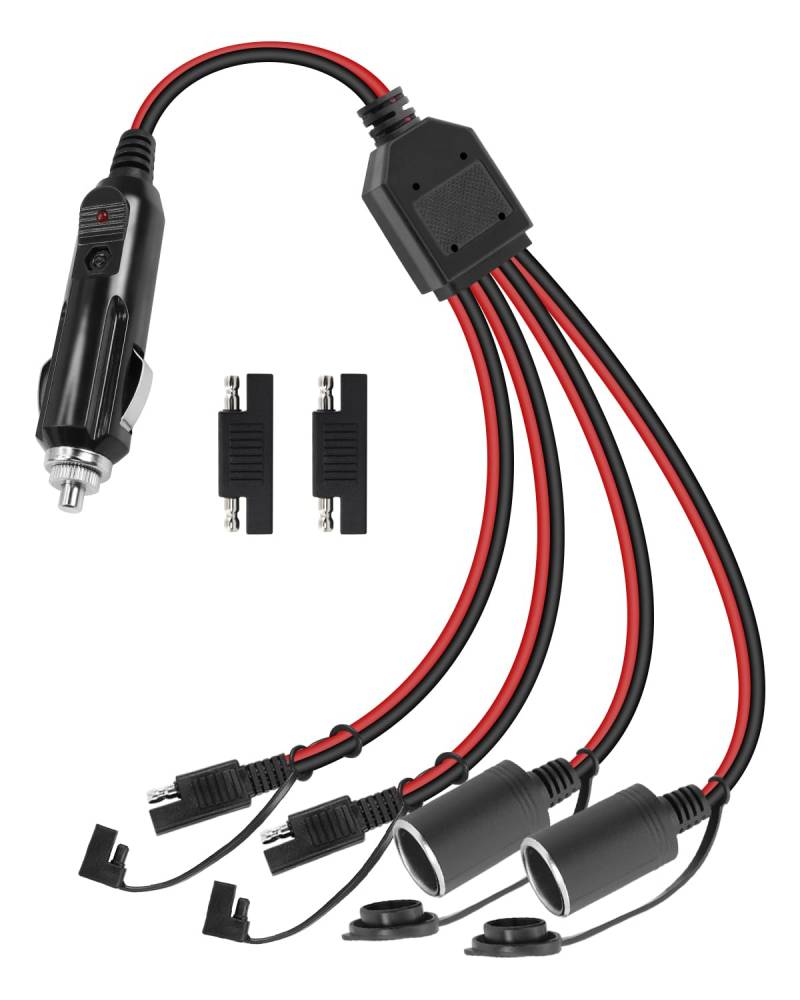 RIIEYOCA SAE Zigarettenanzünder Spliiter Kabel, 12V 16AWG Zigarettenanzünder Stecker auf 2 SAE und 2 Buchse Adapter Verlängerungskabel mit 15A Sicherung Stromkabel und Extra 2 SAE (0,6m / 2ft) von RIIEYOCA