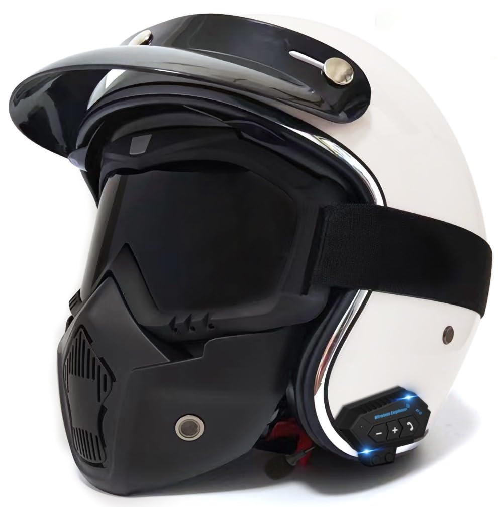 Bluetooth-Motorradhelm, PU-Lederhelm 3/4 Motorrad mit Visier DOT/ECE-zugelassener Crash-Vintage-Jet-Helm für Erwachsene Männer und Frauen für Biker Cruiser Scooter-Helm G,L(59-60cm) von RIKCAT