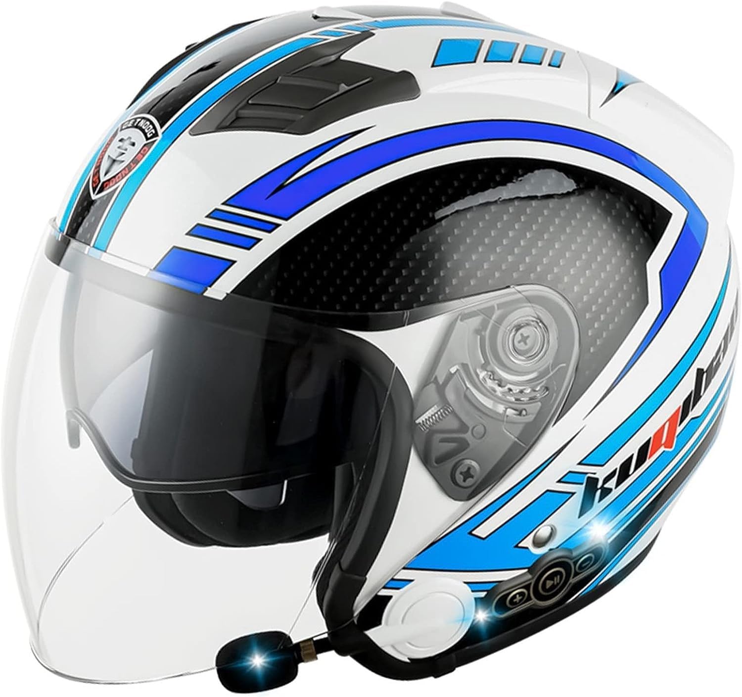 Jet-Helm, Motorrad, Bluetooth, DOT/ECE-geprüft, Motorrad-Retro-3/4-Halbhelm mit Doppelvisier, Helm mit integriertem Lautsprecher für automatische Reaktion F,L=59-60CM von RIKCAT