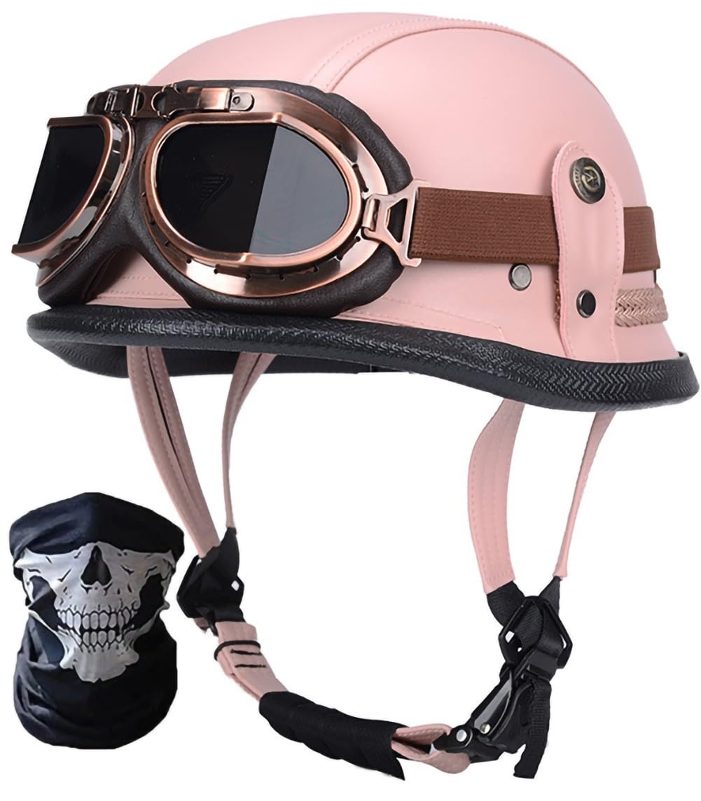 Retro Deutscher Leder-Motorrad-Halbhelm DOT/ECE-geprüfter Jethelm für Erwachsene, Männer und Frauen, mit Maskenbrille, für Cruiser-Scooter-Moped-Chopper-Jethelm A,L=59-60cm von RIKCAT