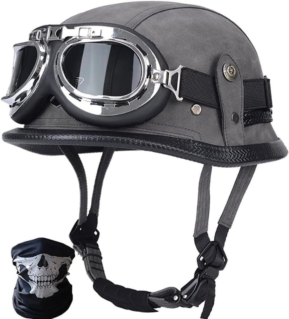 Retro Deutscher Leder-Motorrad-Halbhelm DOT/ECE-geprüfter Jethelm für Erwachsene, Männer und Frauen, mit Maskenbrille, für Cruiser-Scooter-Moped-Chopper-Jethelm J,XL=61-62cm von RIKCAT