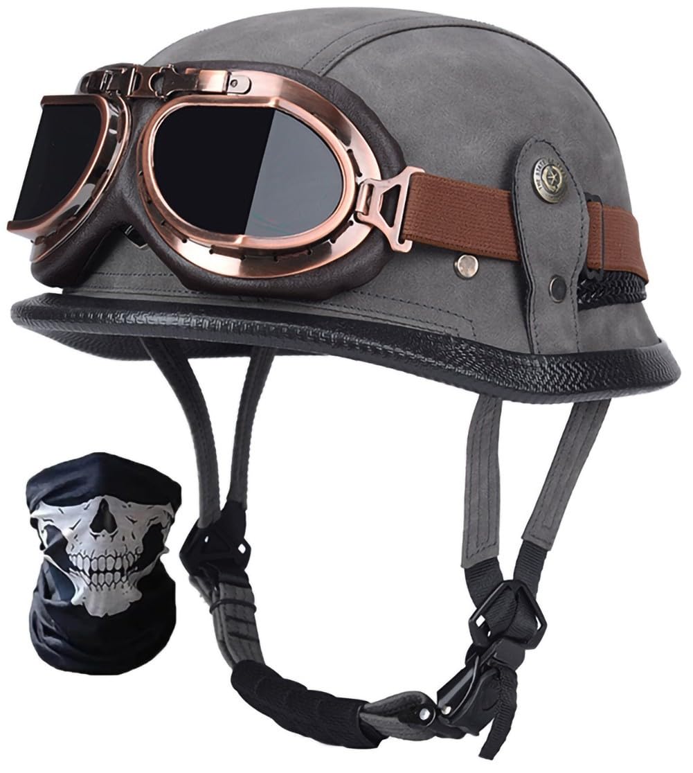 Retro Deutscher Leder-Motorrad-Halbhelm DOT/ECE-geprüfter Jethelm für Erwachsene, Männer und Frauen, mit Maskenbrille, für Cruiser-Scooter-Moped-Chopper-Jethelm P,M=57-58cm von RIKCAT