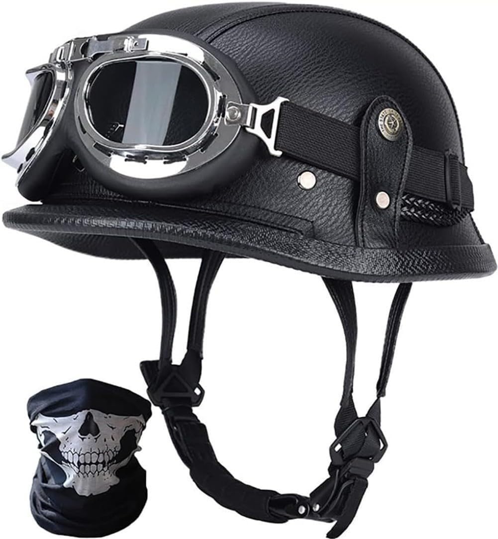 Retro Deutscher Leder-Motorrad-Halbhelm DOT/ECE-geprüfter Jethelm für Erwachsene, Männer und Frauen, mit Maskenbrille, für Cruiser-Scooter-Moped-Chopper-Jethelm R,XXL=63-64cm von RIKCAT