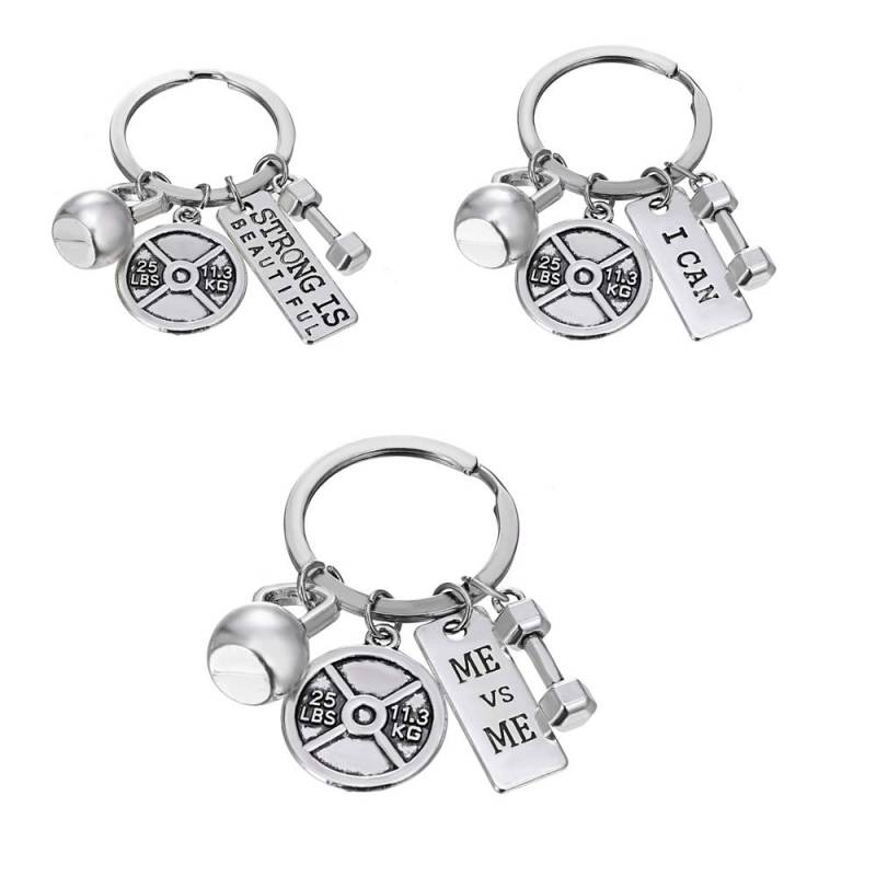 RINHOO Edelstahl Fitness Gym Charm Schlüsselanhänger Zitate Hantelscheibe Hantel Kettlebell CharmsKeyring, 3 Stück/Set, 01 von RINHOO