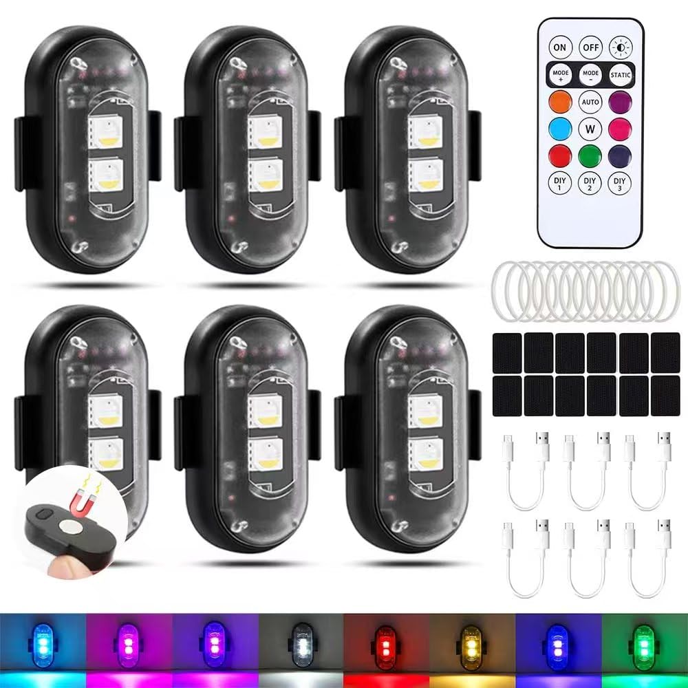 6 Stück Kabellose LED Lichter Auto, Magnet Antikollisionslichter mit Fernbedienung, USB Aufladung Blitzleuchte, 8 Farben Wasserdicht Strobe Light Auto, Fly Lights, für Drohne, LKW, Motorrad, Fahrrad von RIRIDAMAI