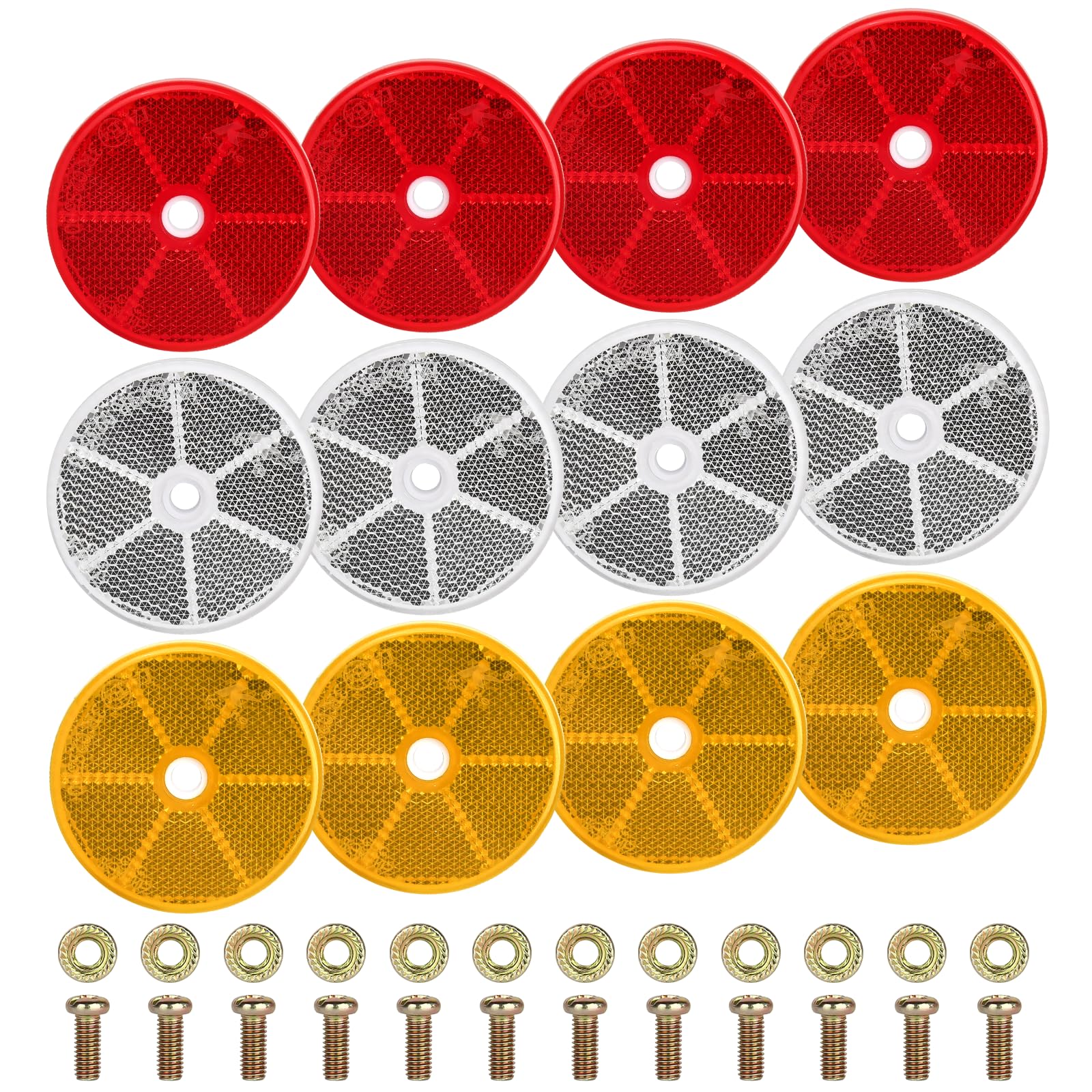RISF 12 Stück Rund Rückstrahler, 60mm Katzenaugen Anhänger in 3 Farben, Seitenstrahler Anhänger, Inklusive M5 Schrauben + Muttern für Anhänger LKW Wohnwagen Mit E-Prüfzeichen (Orange, Weiß, Rot) von RISF
