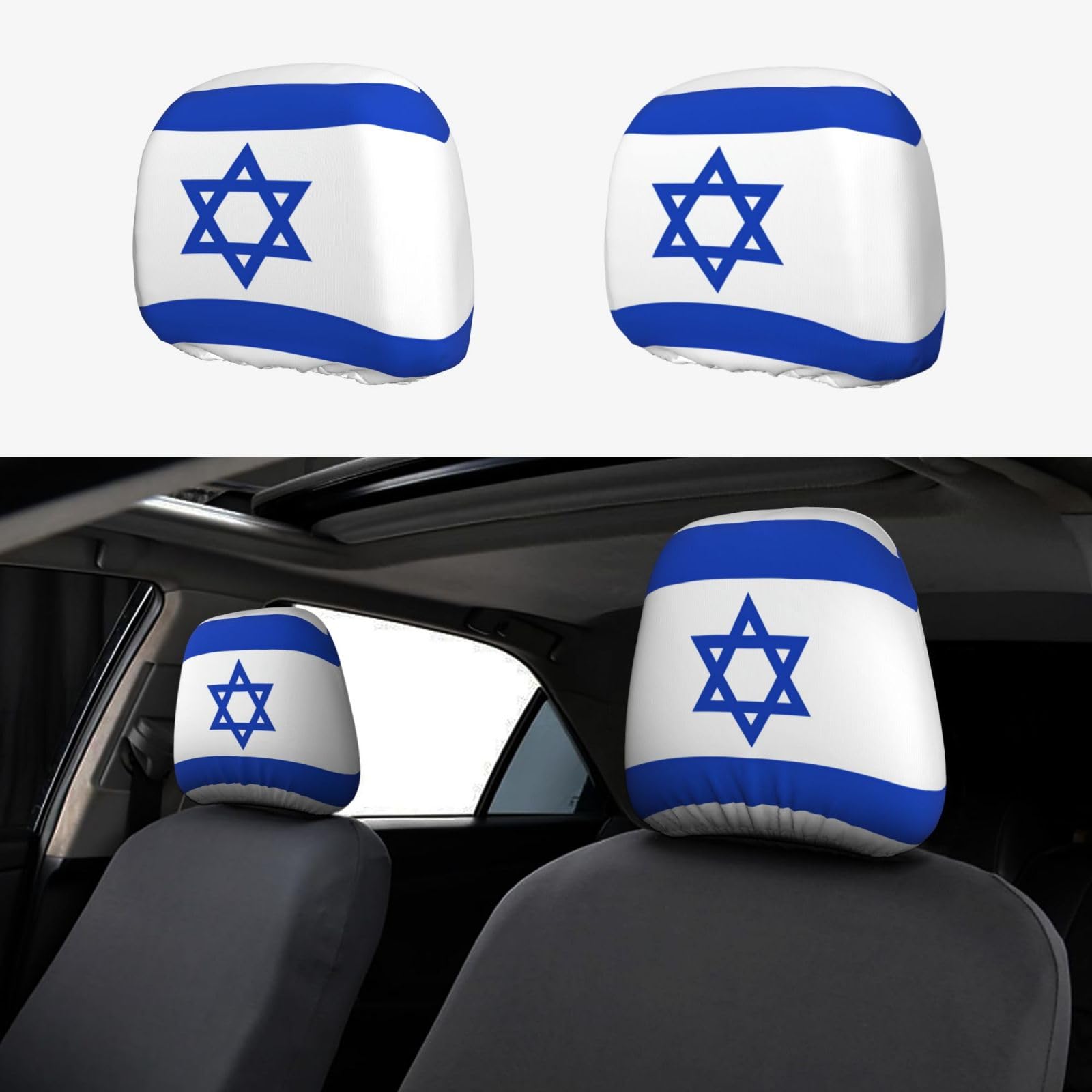 RKHMNJY Autositzbezug mit israelischer Flagge, Text, universeller Kopfstützenschutz, weich, atmungsaktiv, passend für die meisten Autos, Limousinen, Lieferwagen, Fahrzeuge von RKHMNJY