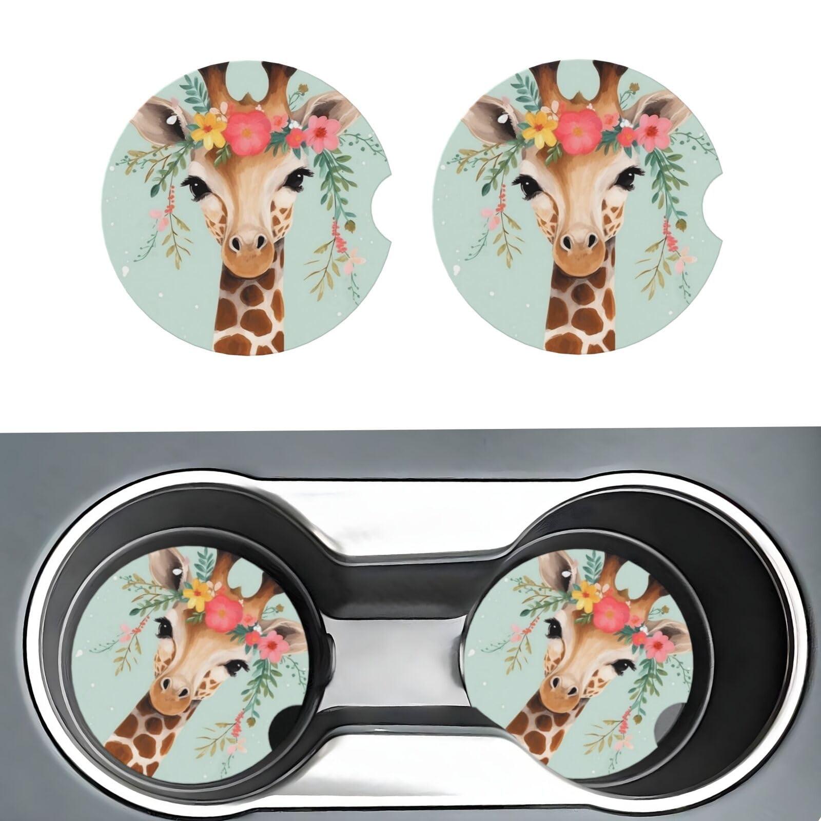 Auto-Untersetzer, Giraffe mit Blumenmotiv, Auto-Getränkehalter, Untersetzer, Keramik, saugfähiger Einsatz, Tassenpads, Gummi, Auto-Bechermatte, rutschfeste Getränkeuntersetzer, universelles von RLDOBOFE