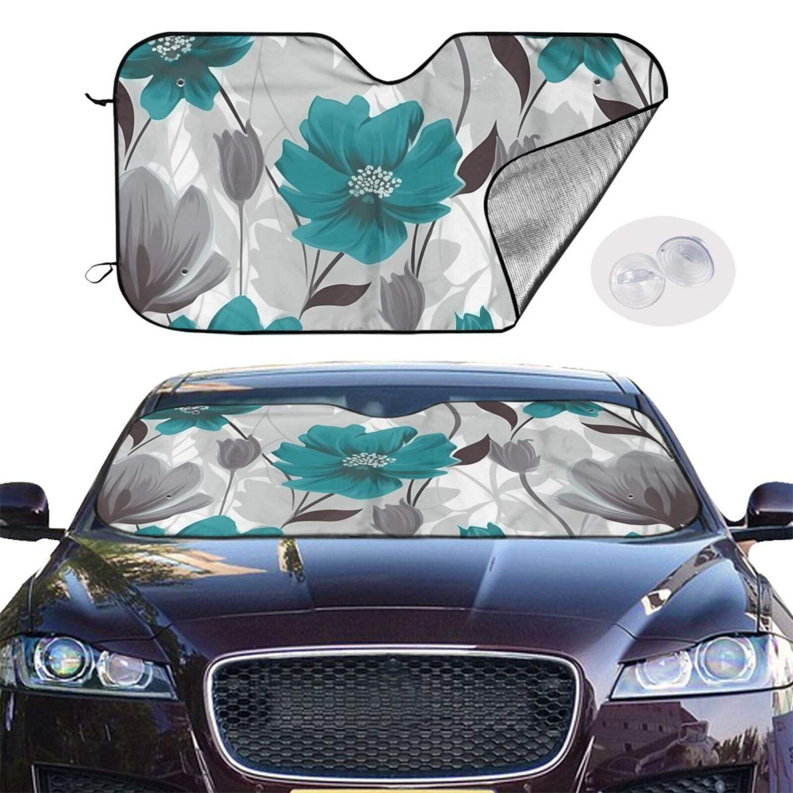 Auto-Windschutzscheiben-Sonnenschutz, Blaugrün, Grau und Weiß, Floral1, Auto-Windschutzscheiben-Sonnenschutz, faltbar, Auto-Sonnenschutz, Windschutzscheibenabdeckung für Auto, Frontscheibe, von RLDOBOFE