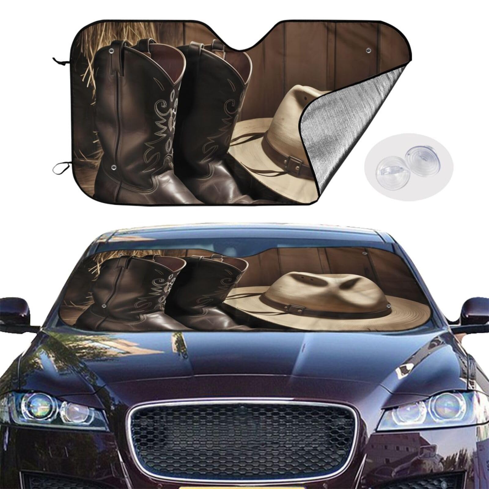 Auto-Windschutzscheiben-Sonnenschutz, Cowboy, schwarzer Hut, Westernstiefel, Auto-Windschutzscheibe, Sonnenschutz, faltbar, Auto-Sonnenschutz, Windschutzscheibenabdeckung für Auto, Frontscheibe, von RLDOBOFE