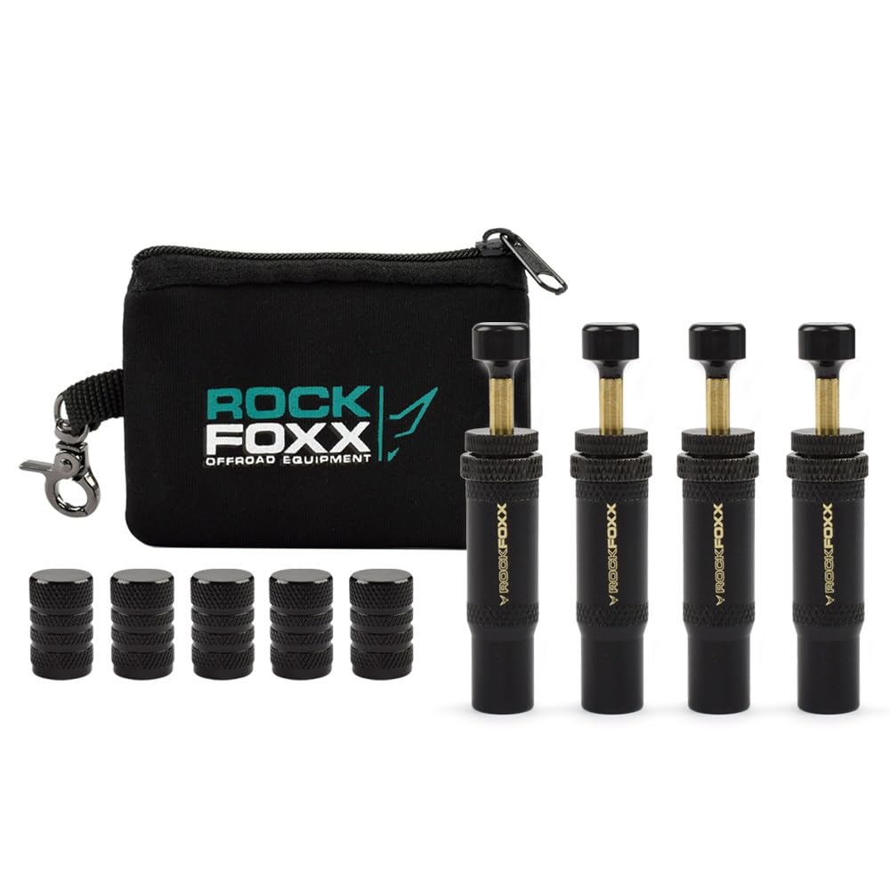 ROCKFOXX 4er Set Reifendruck Ablassventile Automatische Tire Deflators für Offroad, Einstellbarer Druckbereich 0,7-2 bar, inkl. Ventilkappen & Tasche ? Einfache und schnelle Druckanpassung von ROCK FOXX. COM