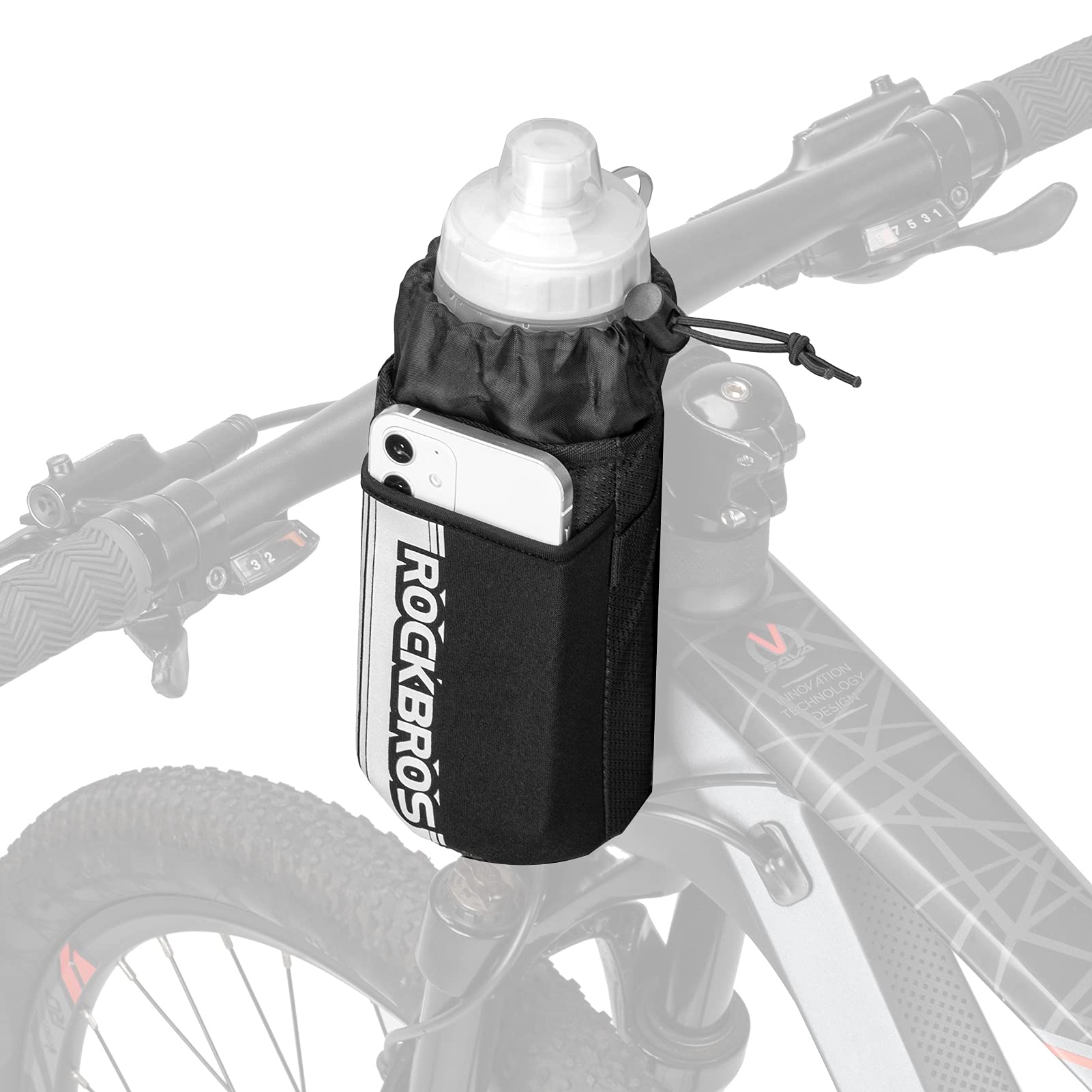 ROCKBROS Fahrrad Flaschenhalter, Lenkertasche für Trinkflasche 1 Liter - Isolierte Fahrradtasche mit Wasserflaschenhalter und Handytasche Schwarz von ROCKBROS